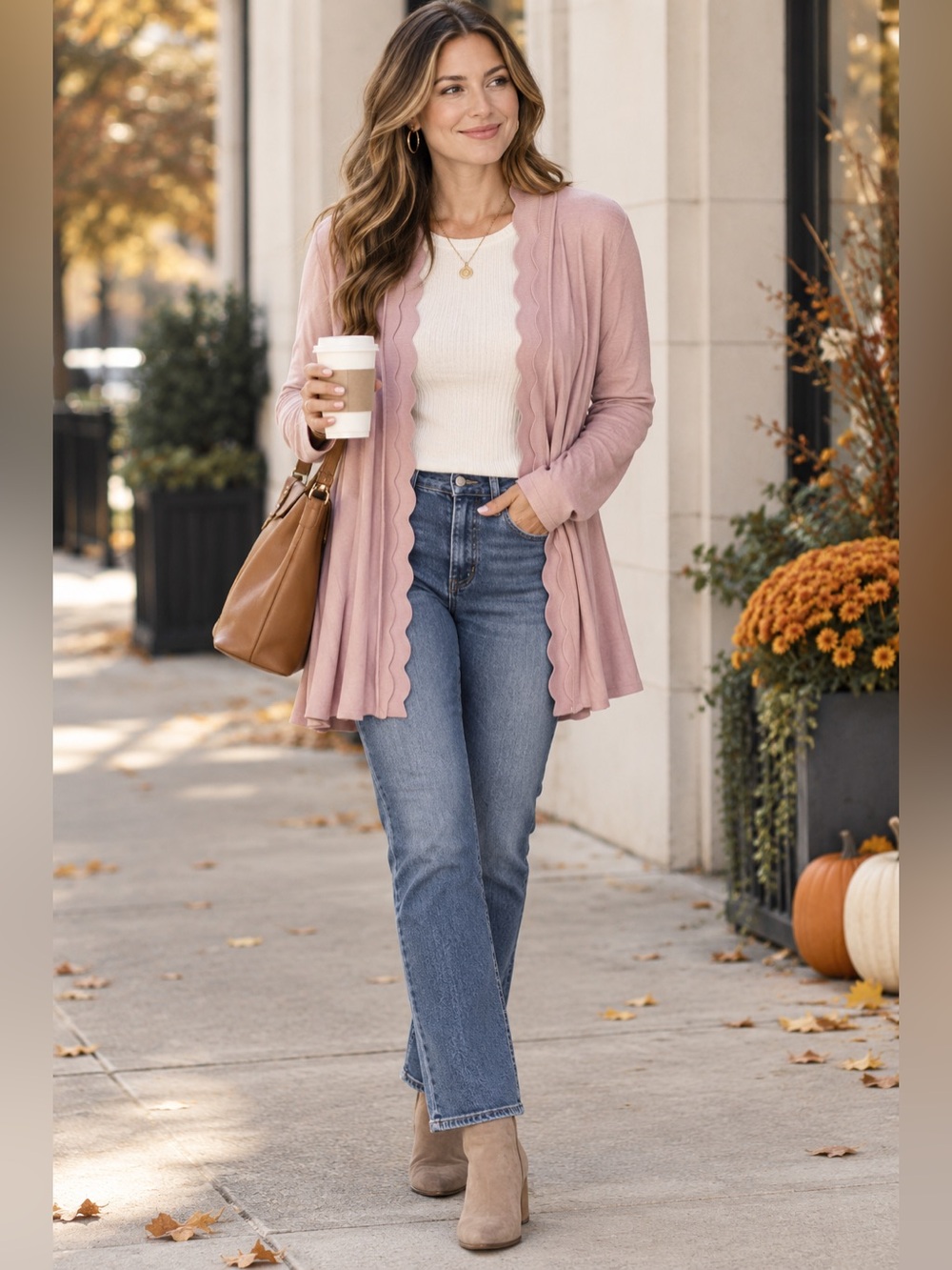 Women's Scalloped Edge Open Front Cardigan - Dusty Rose Romantic Minimalist Med